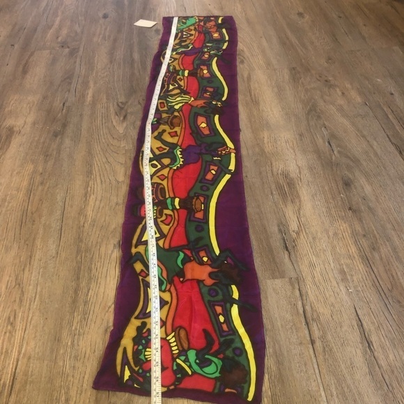 100% Silk Jamaican Dancing Scene Multicolour Hand Painted Scarf 57” x 10.5” Nwt - Picture 5 of 9